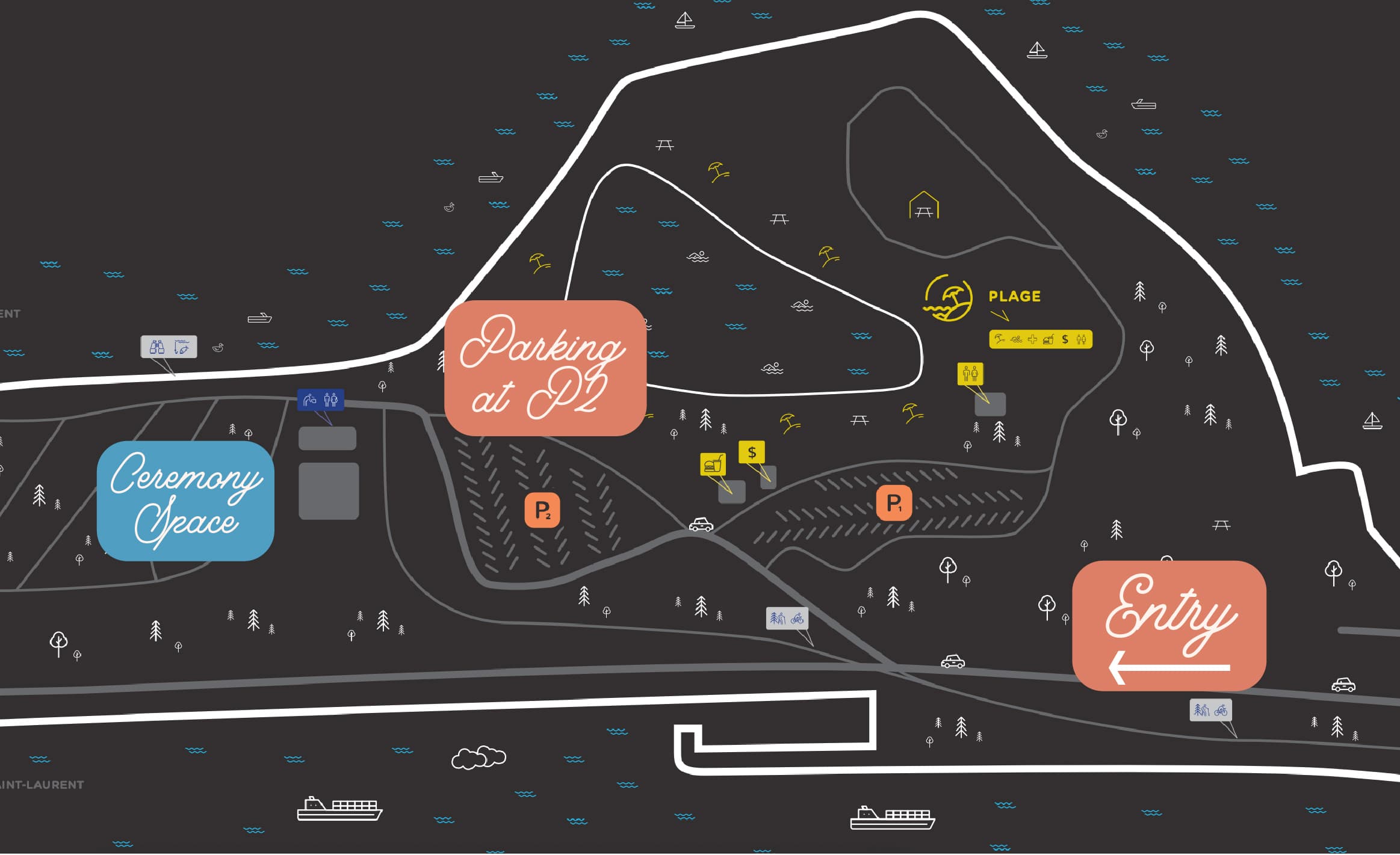 Illustrated map of RécréoParc showing the park entry, parking lot P2, and the bike path leading west to the ceremony space.